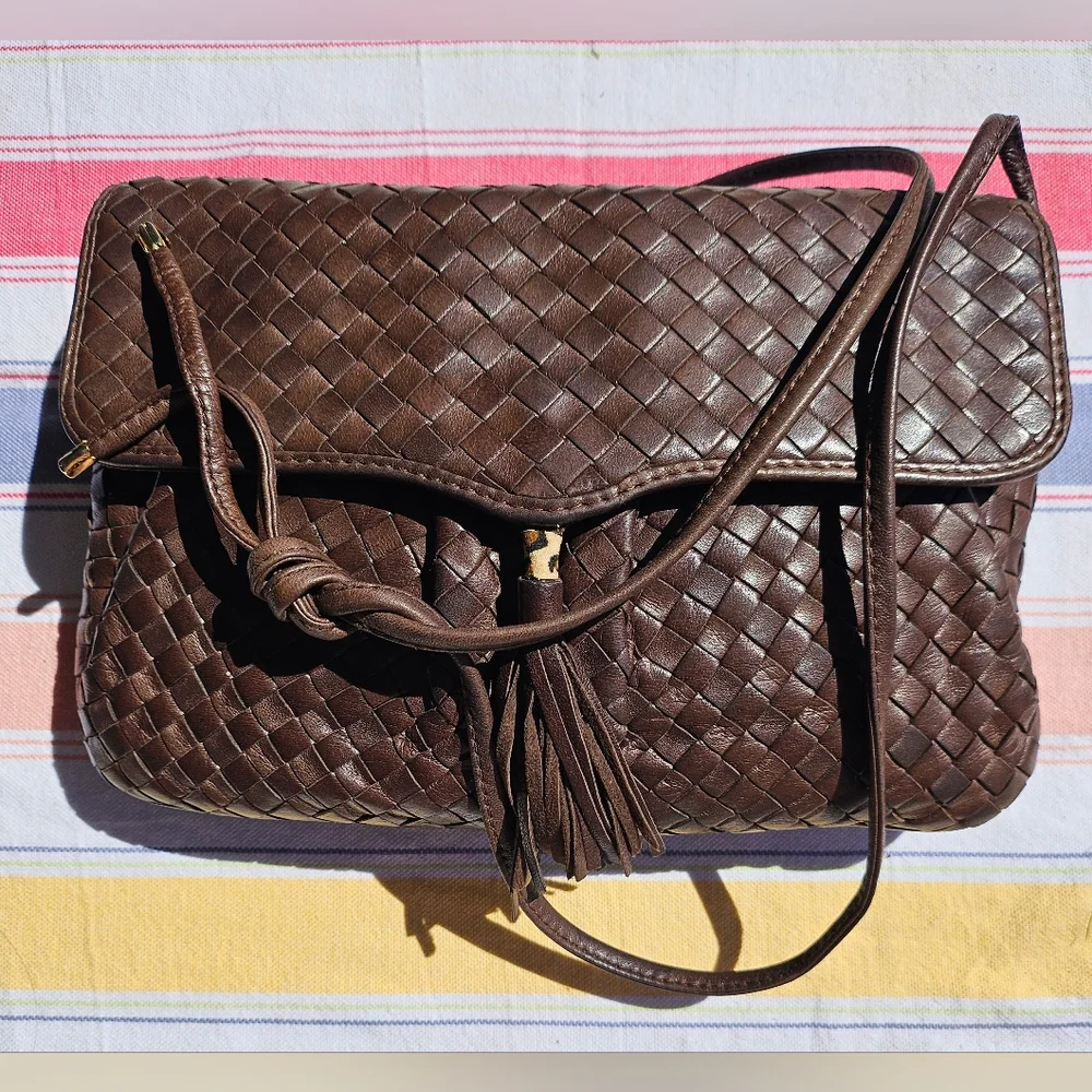 Vintage Cosci Hand Made In Italy Brown Woven Leather Crossbody Bag - Picture 1 of 9